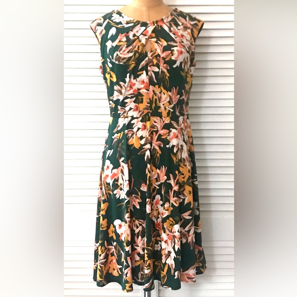 Maggy London Womens Floral Dress 6P Green Floral Cap Sleeve Keyhole Office Party
